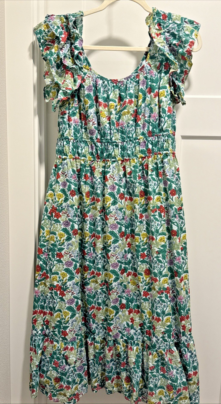 THML Long Midi Dress Womens L Green /Multi-color Floral Tiered Sleeve - Boho